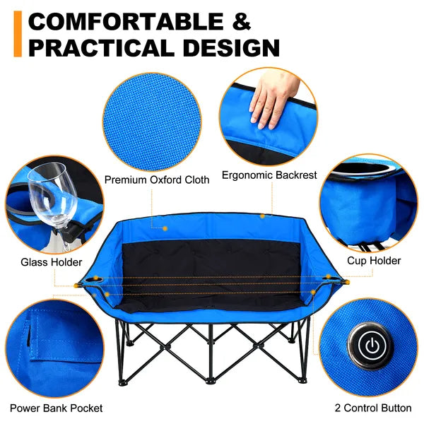 Oversized heated camping chair with blue fabric, cup holder, foldable frame