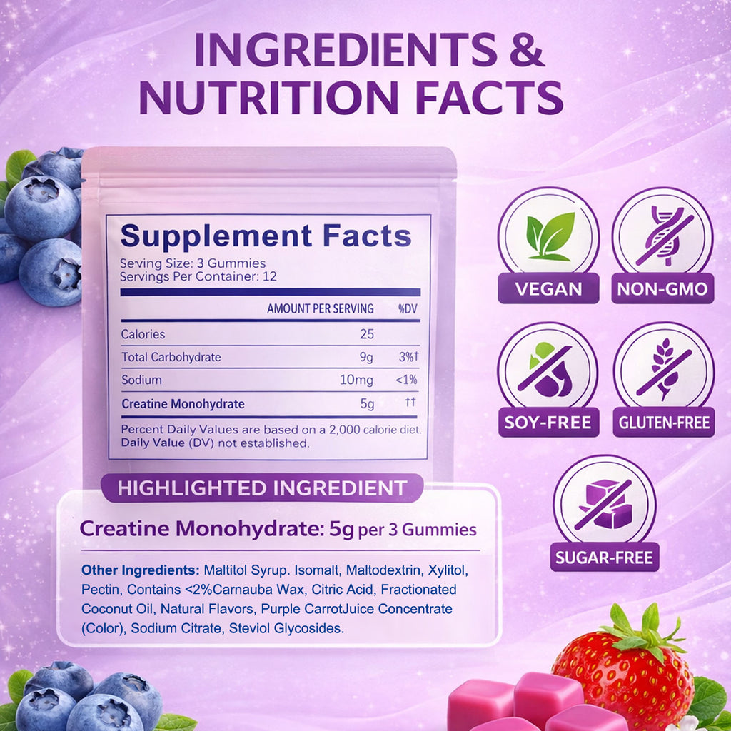 Supplement facts panel for creatine monohydrate gummies with vegan and non-GMO icons