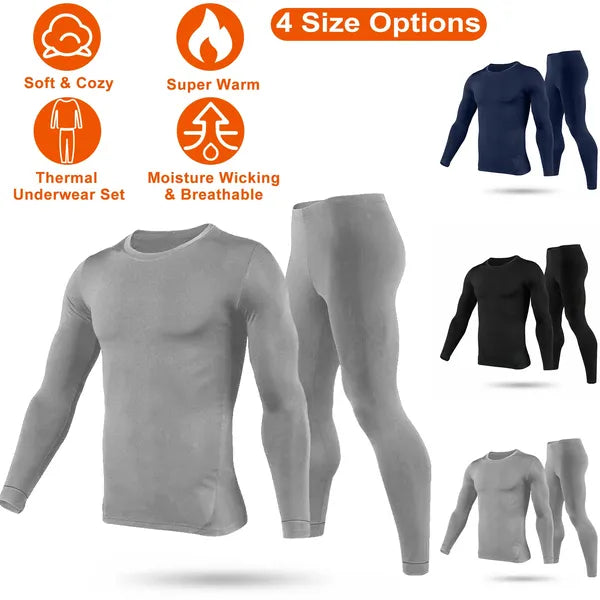 Grey thermal base layer set with long-sleeve crew top and matching leggings