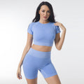 Light blue seamless yoga crop top and high-waist ribbed leggings set