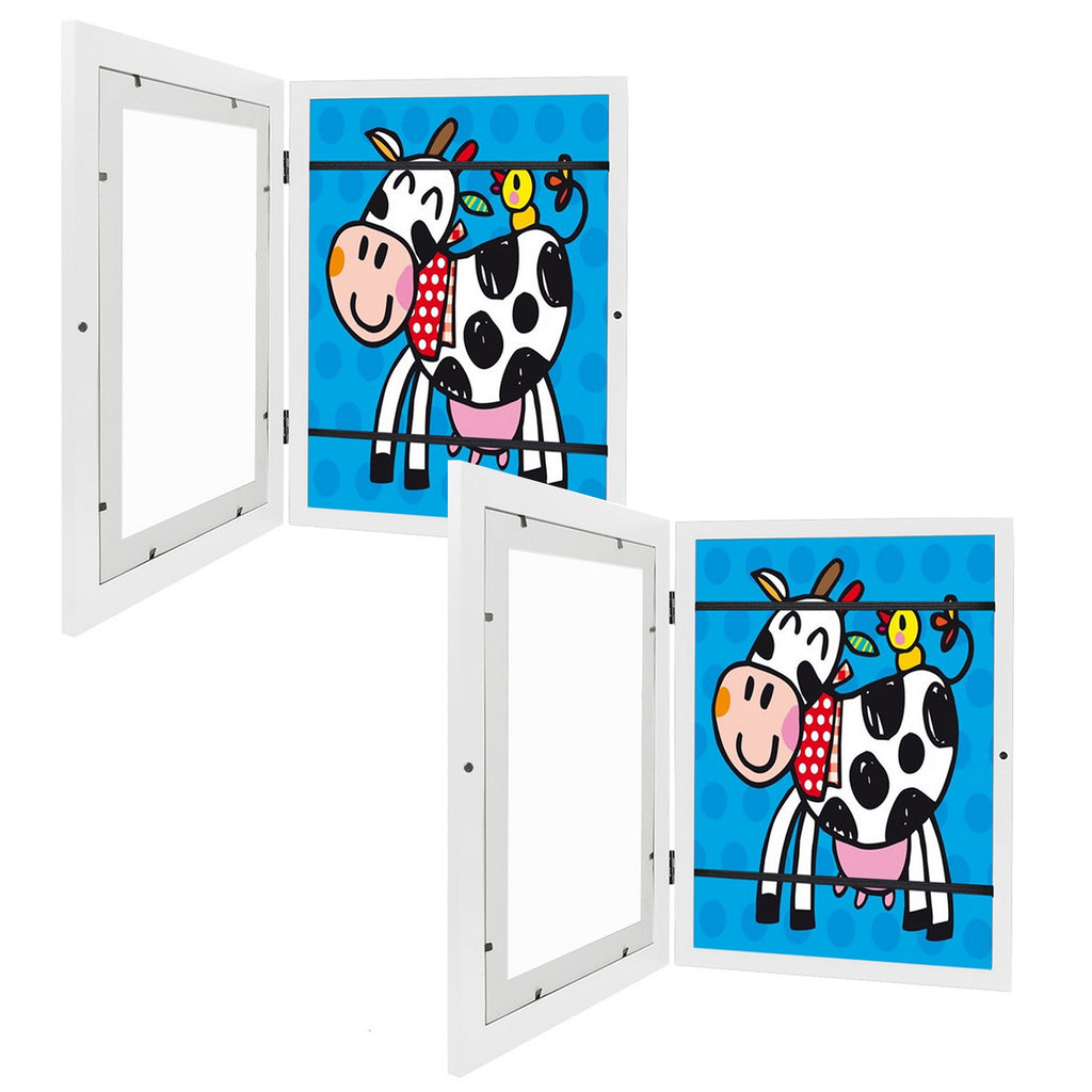 Two white front-opening A4 art frames with glass, showing cow-themed kids’ artwork.