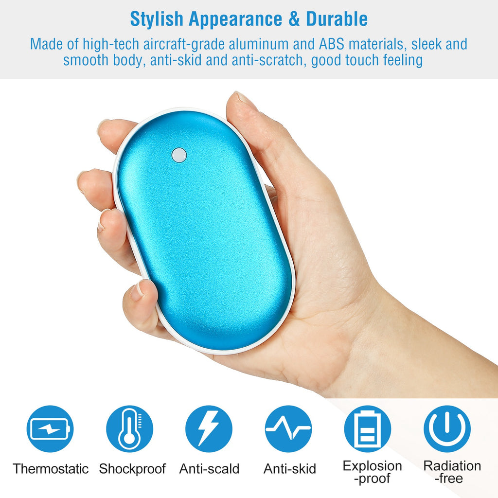 Hand warmer and power bank, blue oval back panel held in hand with small round indicator.