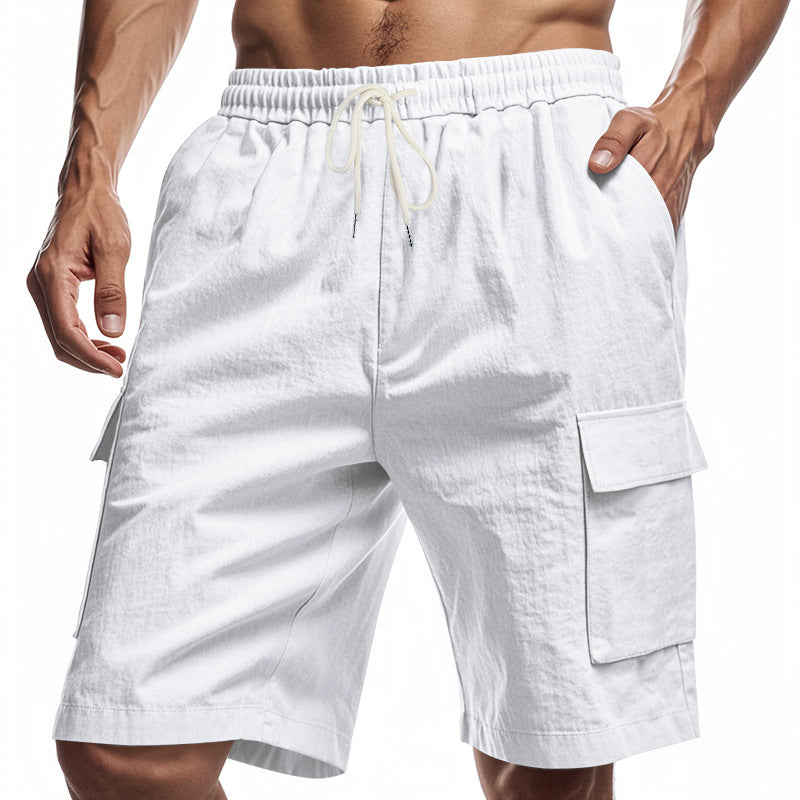 White men’s drawstring cargo shorts with elastic waistband and side flap utility pockets