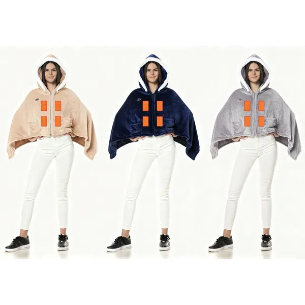 Set of hooded heated throw blankets in beige, dark blue, and grey with orange panels