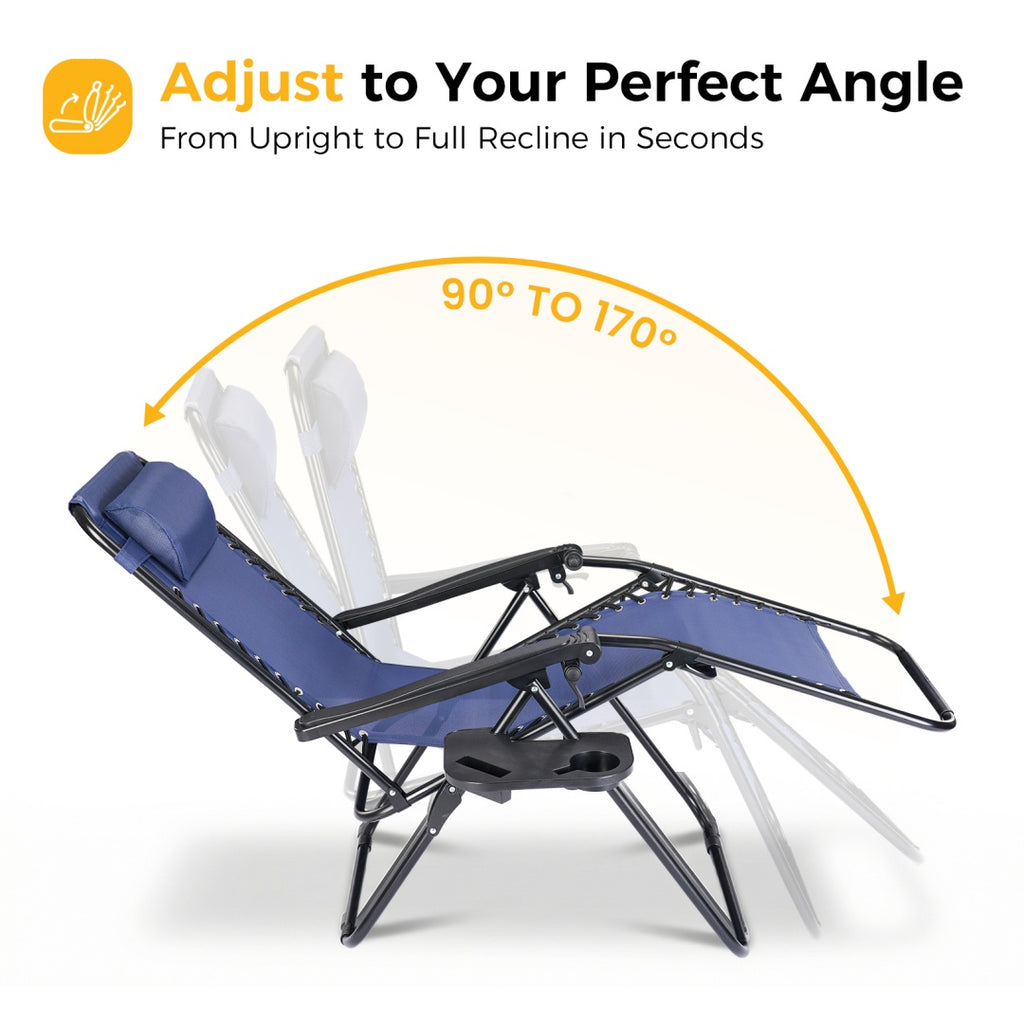 Blue folding patio recliner chair with adjustable recline and matching head pillow.