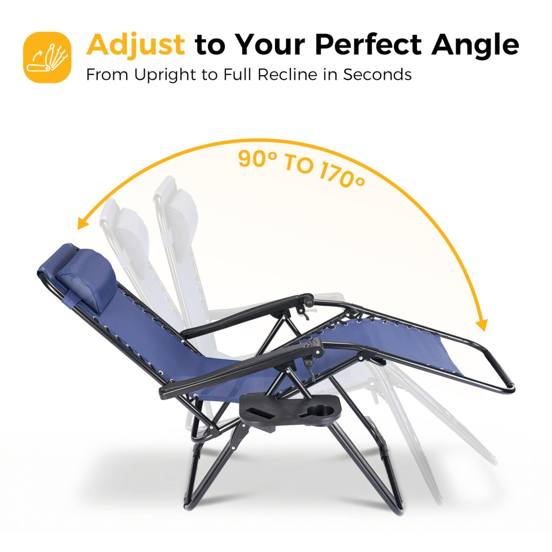 Blue folding patio recliner chair with adjustable recline and matching head pillow.