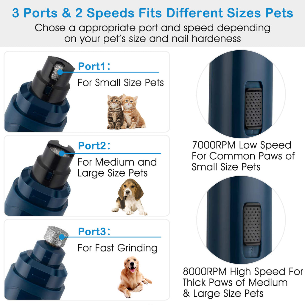 Blue dog nail grinder with 3 ports and 2-speed settings for different paw sizes