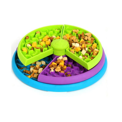 Green 3-in-1 interactive dog feeder puzzle bowl with raised food compartments