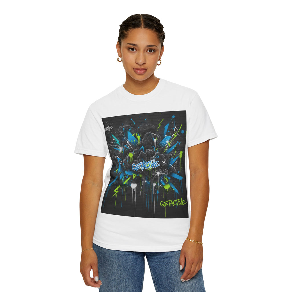 White 'GETACTIVE' graphic tee on model, front panel burst design