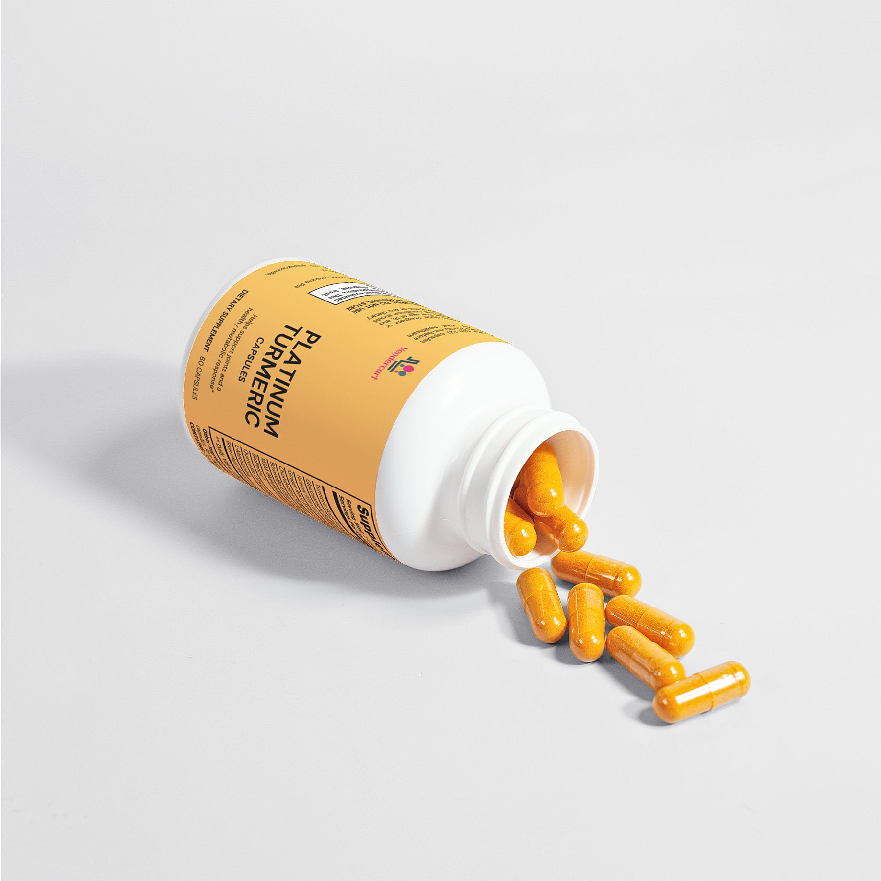 Platinum Turmeric capsules spilled from bottle opening, orange gel capsules visible