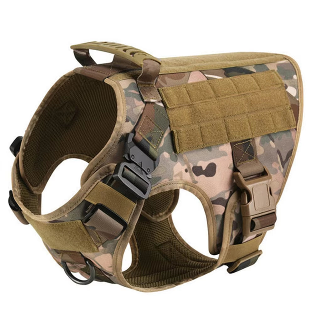 Camouflage tactical dog harness with padded chest panel, adjustable straps and D-ring