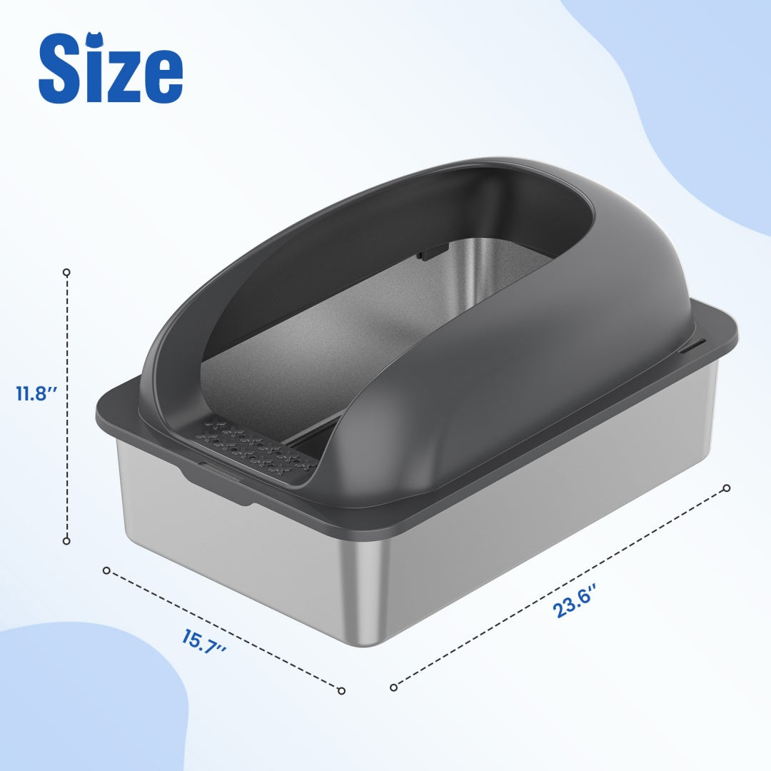Large cat litter box with lid, black hood and stainless steel sides, open entrance