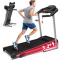 Black folding treadmill with gray frame, slanted console, runner using the deck