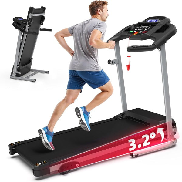 Black folding treadmill with gray frame, slanted console, runner using the deck