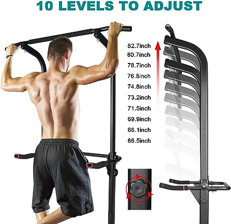 Black adjustable pull-up tower with multiple height settings and dip handles