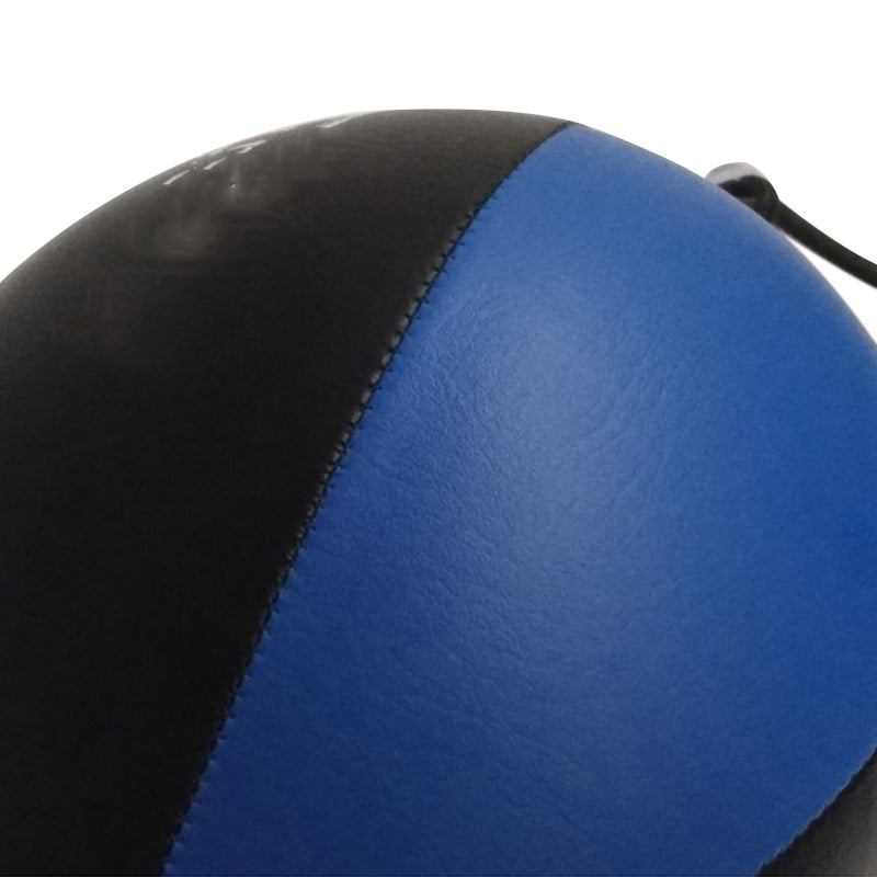 Boxing reflex ball close-up: black surface with blue panel and stitched seam
