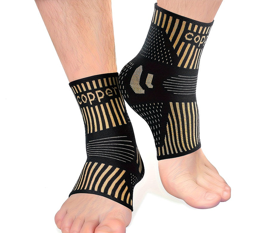 Close-up of black ankle support sleeves with gold arch detail, snug fit