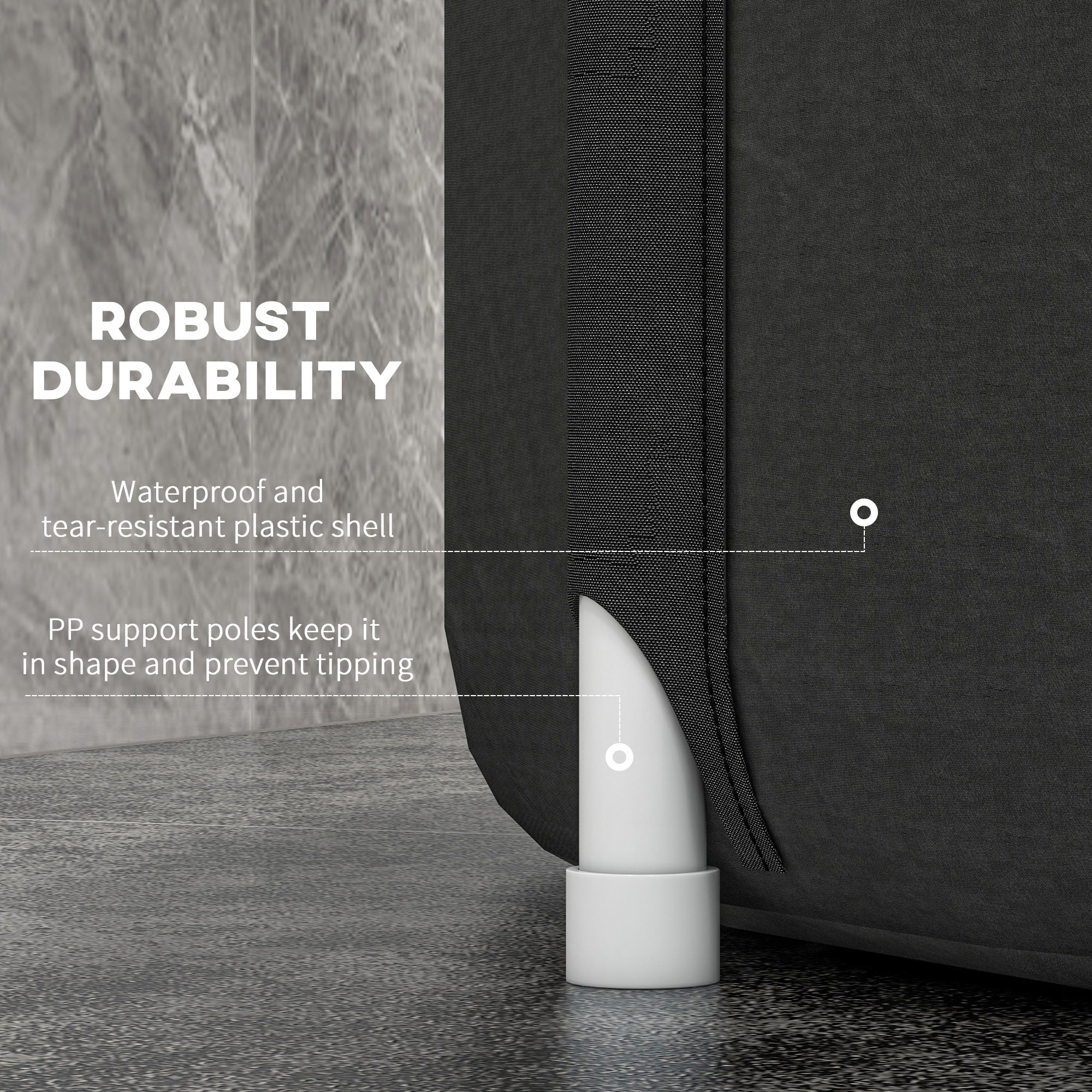 Black cold plunge tub side panel with corner support pole base and reinforced seams