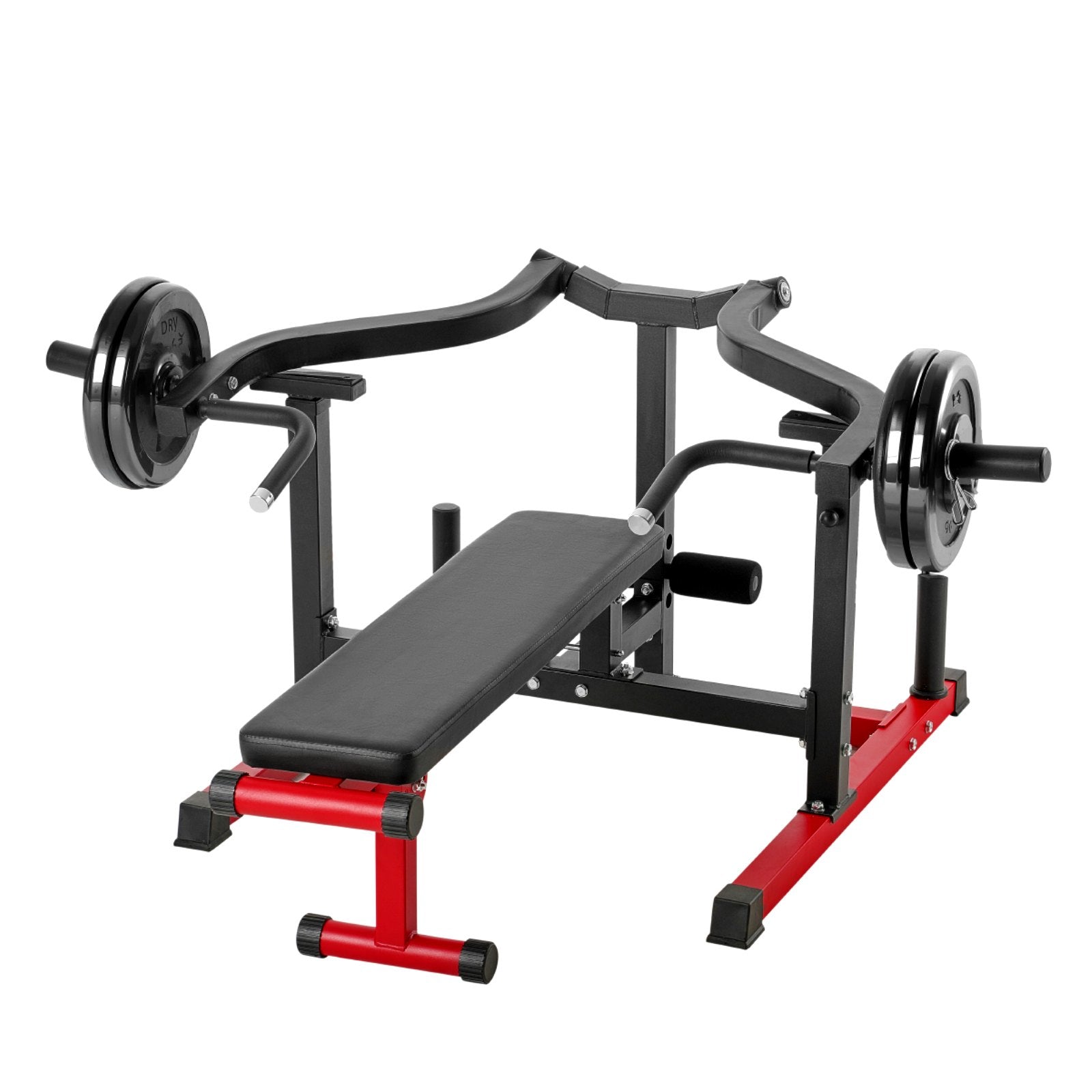 Adjustable bench press machine with black frame, red base, padded incline/flat bench