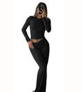 Black long-sleeve fitted crop top and flared pants set, stretchy lounge outfit