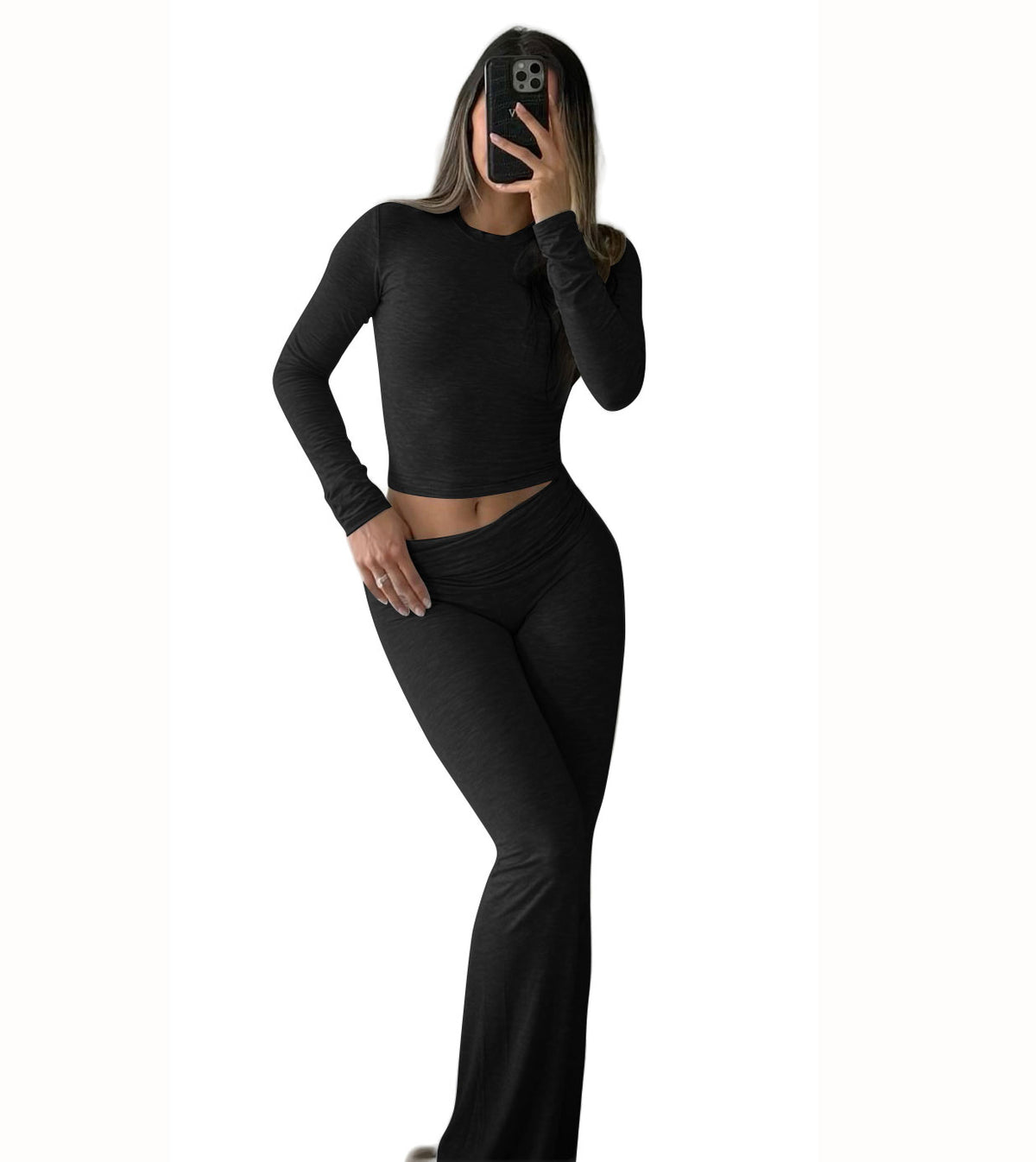Black long-sleeve fitted crop top and flared pants set, stretchy lounge outfit