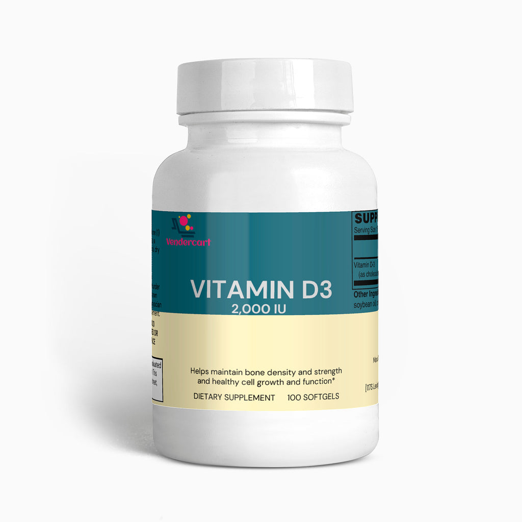 Vitamin D3 2000 IU bottle with front label, 100 softgels