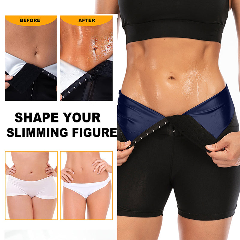 Black sauna sweat shorts with blue front panel and adjustable hook waist band