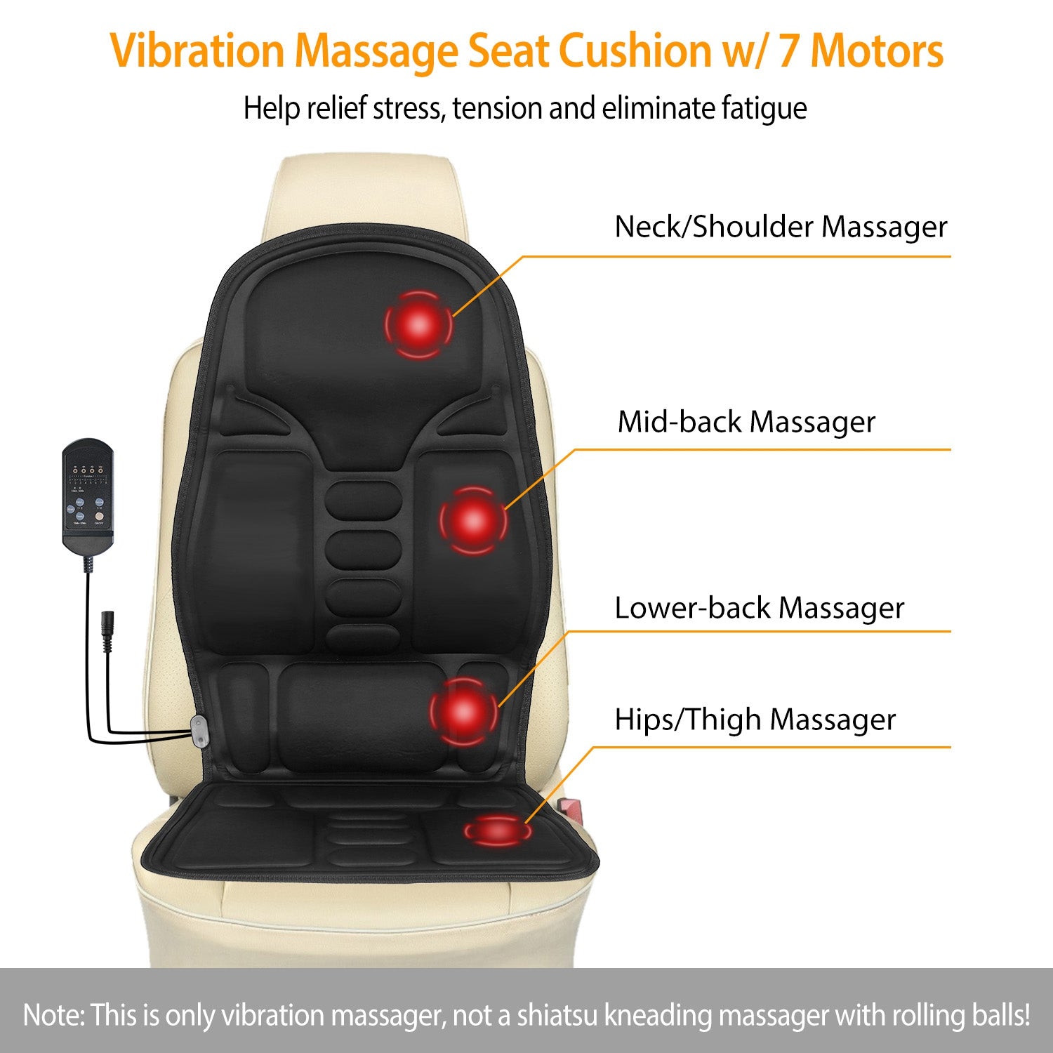 Black seat massage cushion with glowing red vibration nodes on the back and seat