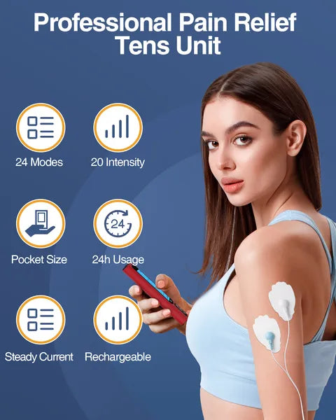 Red rechargeable TENS controller with wired electrode pads on a forearm