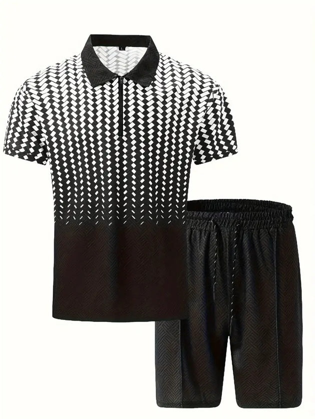 Black and white patterned short-sleeve polo set with drawstring training shorts