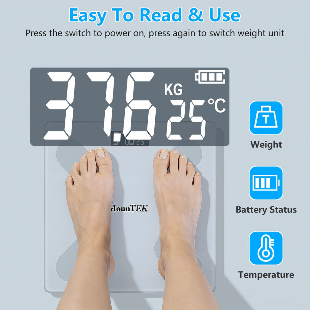 Feet on white smart body scale with digital LCD weight and temperature readout