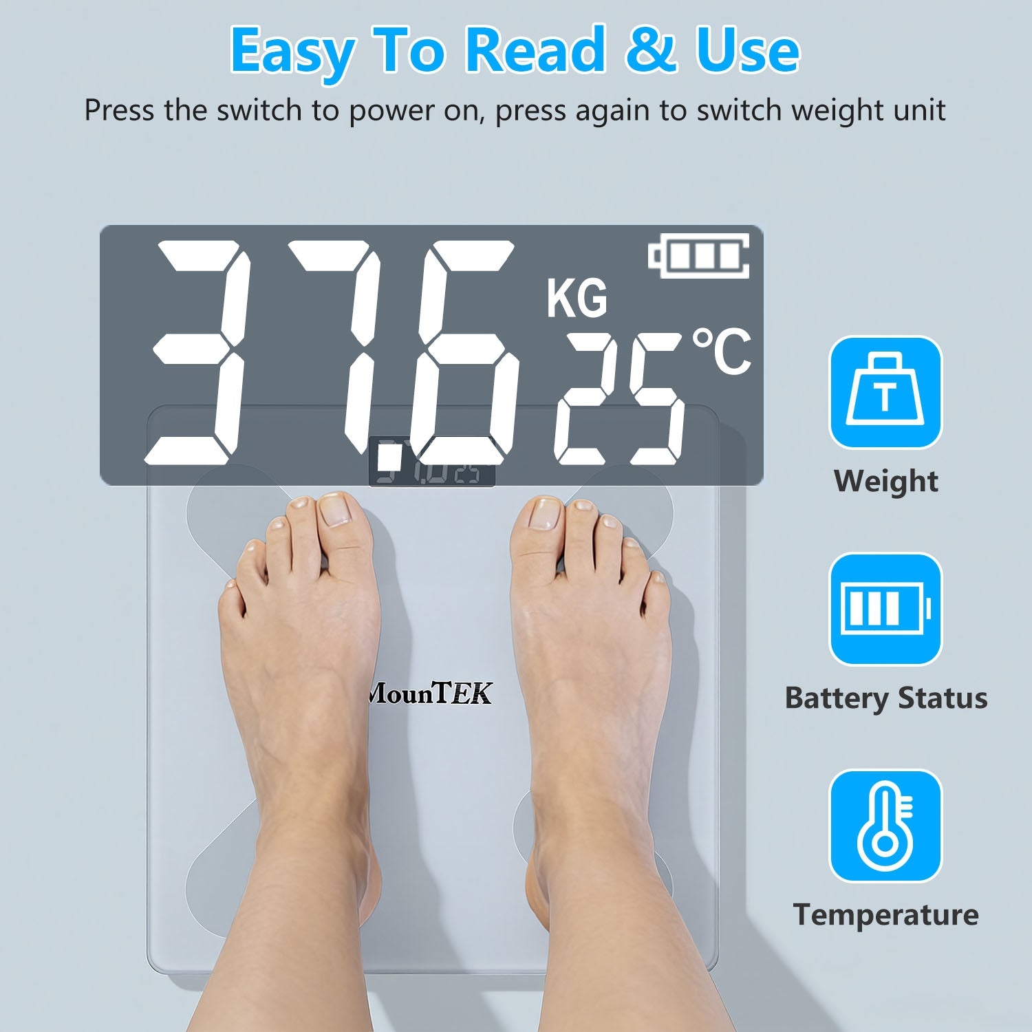 Feet on white smart body scale with digital LCD weight and temperature readout