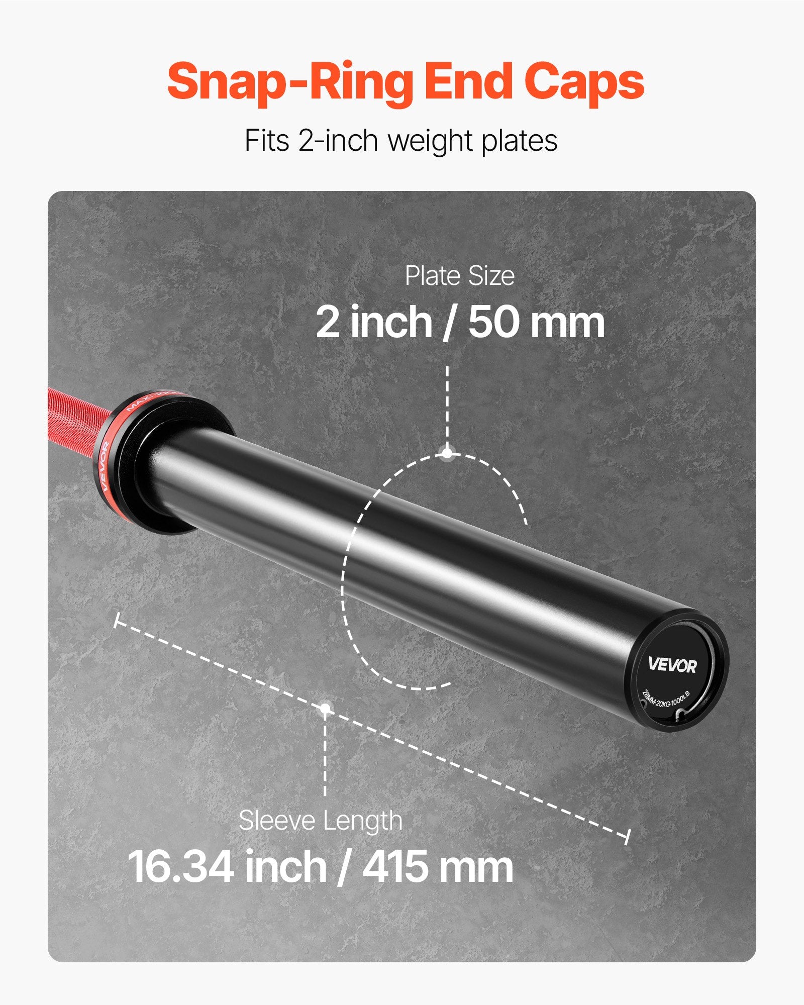 Olympic barbell with black sleeves and snap-ring end caps for 2-inch weight plates
