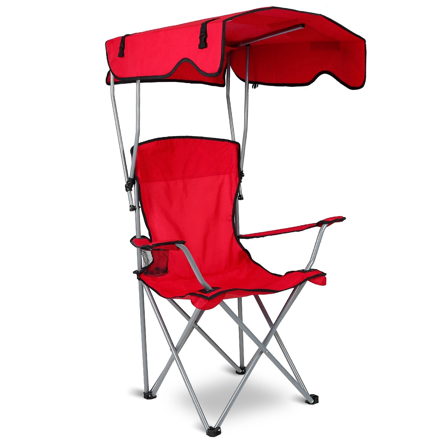 Red foldable camping chair with canopy and padded seat, steel X-frame legs
