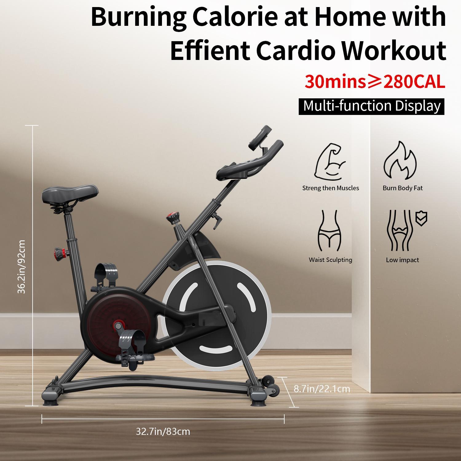 Indoor magnetic spin bike side view with seat post, pedals, and front stabilizers