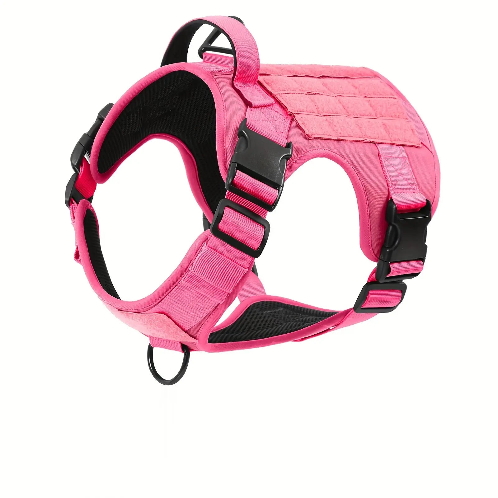Pink service dog harness vest with adjustable straps and metal buckle closure, front view