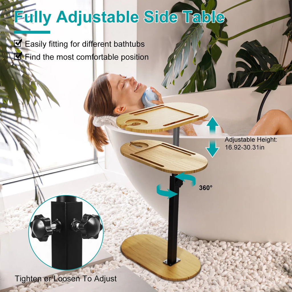Adjustable-height bamboo bathtub tray caddy with black steel stand and round base