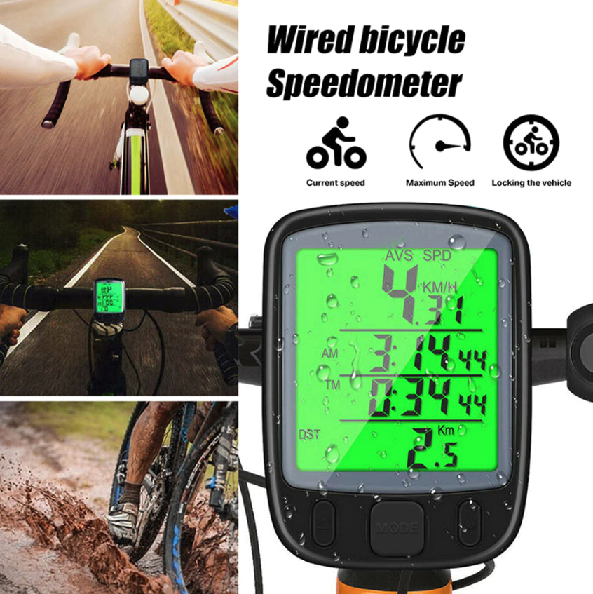 Handlebar-mounted wired bike speedometer with green LCD readouts and control buttons