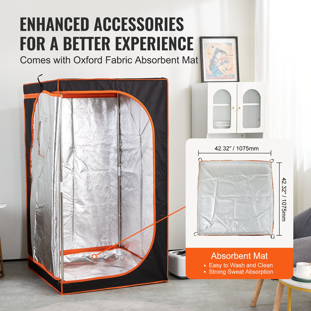 Steam sauna tent open with inner foil lining and absorbent mat accessory, orange trim
