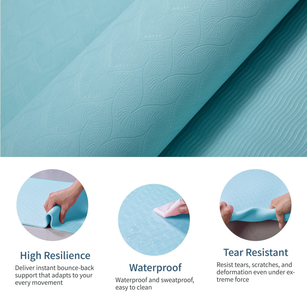 Close-up of textured turquoise yoga mat surface with circular care/quality icons