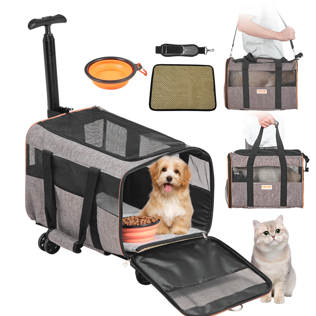 Rolling pet carrier with mesh windows, gray fabric and orange trim, front door open