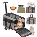 Rolling pet carrier with mesh windows, gray fabric and orange trim, front door open