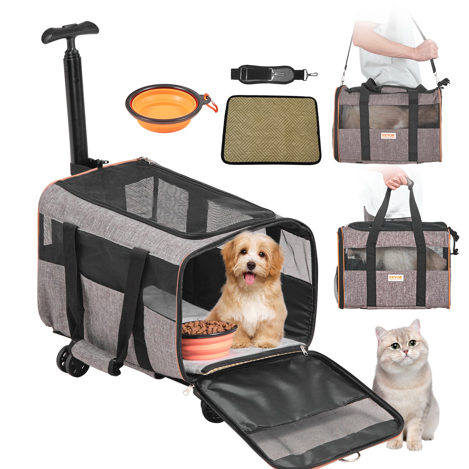 Rolling pet carrier with mesh windows, gray fabric and orange trim, front door open