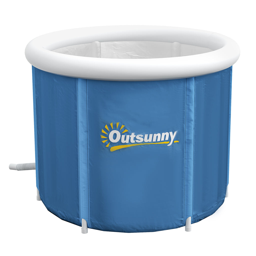 Blue inflatable ice bath tub with white rim and support poles, front view