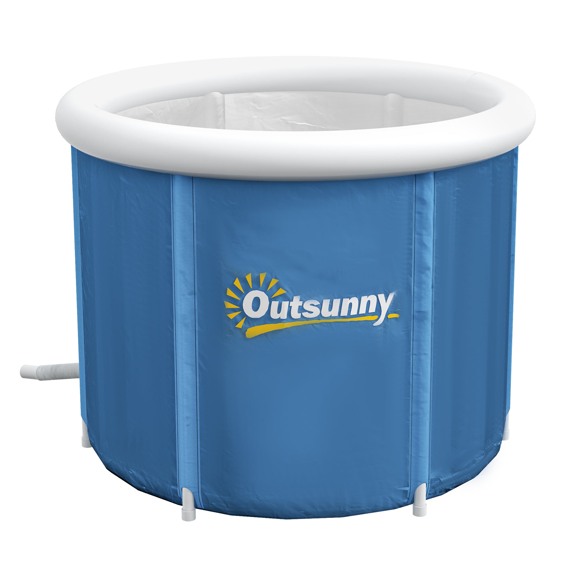 Blue inflatable ice bath tub with white rim and support poles, front view