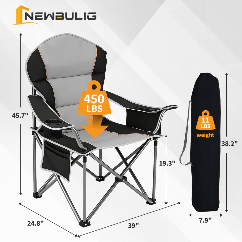 Oversized camping folding chair with gray seat, black armrests, and black carry bag