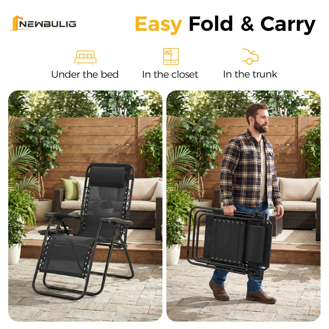 Black folding patio recliner set of 2 with head pillow and foldable frame, carry-ready.