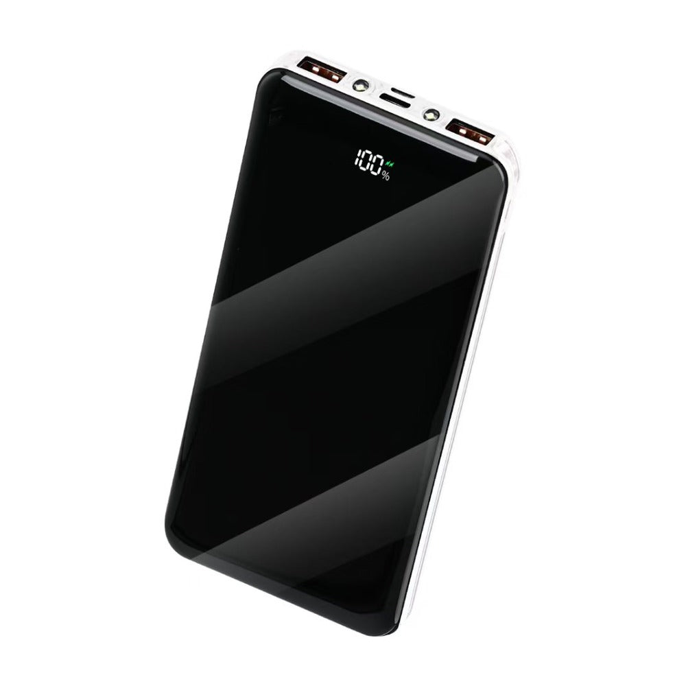 Portable power bank, white compact case with dual USB ports and battery % display