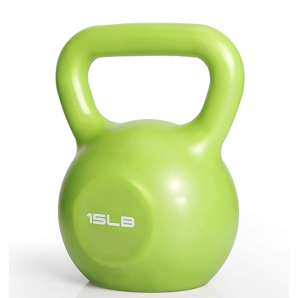 15 lb vinyl coated kettlebell, green, close-up of handle and rounded body