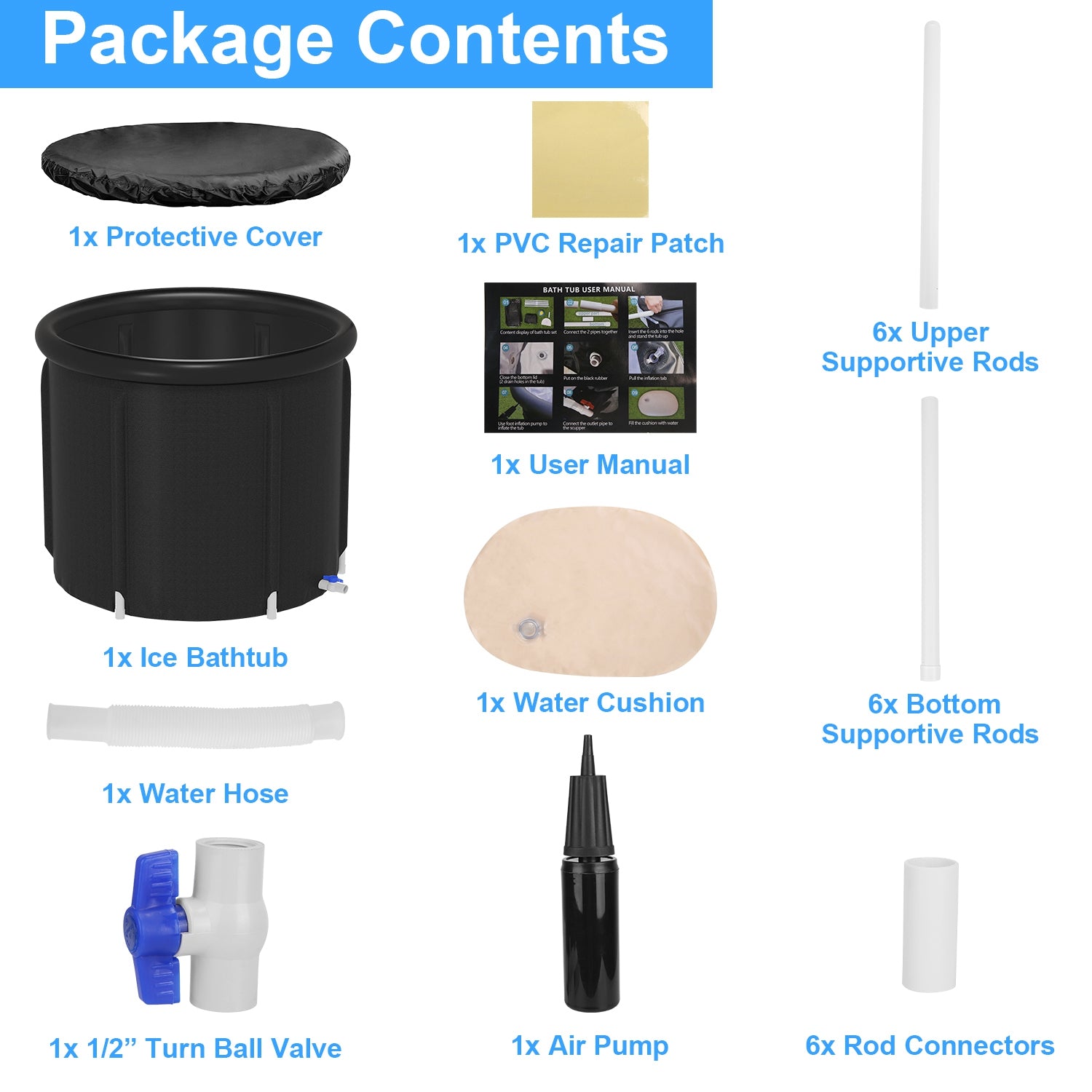 Cold plunge tub kit contents: black tub, protective cover, hose, air pump, rods, patch